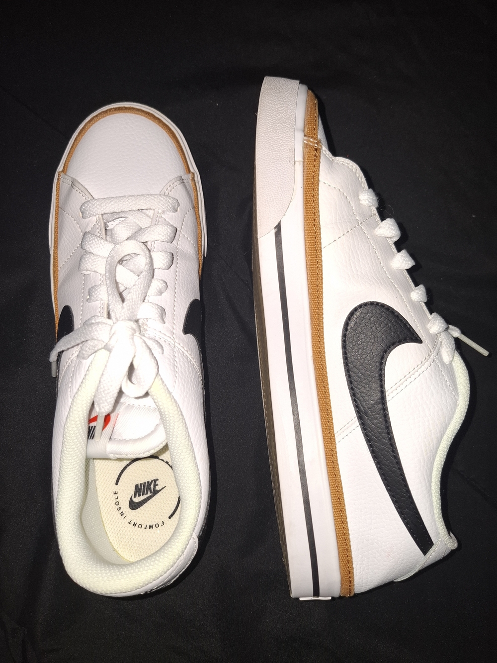 Nike Kids White Sneakers with Black Swoosh and Brown Trim